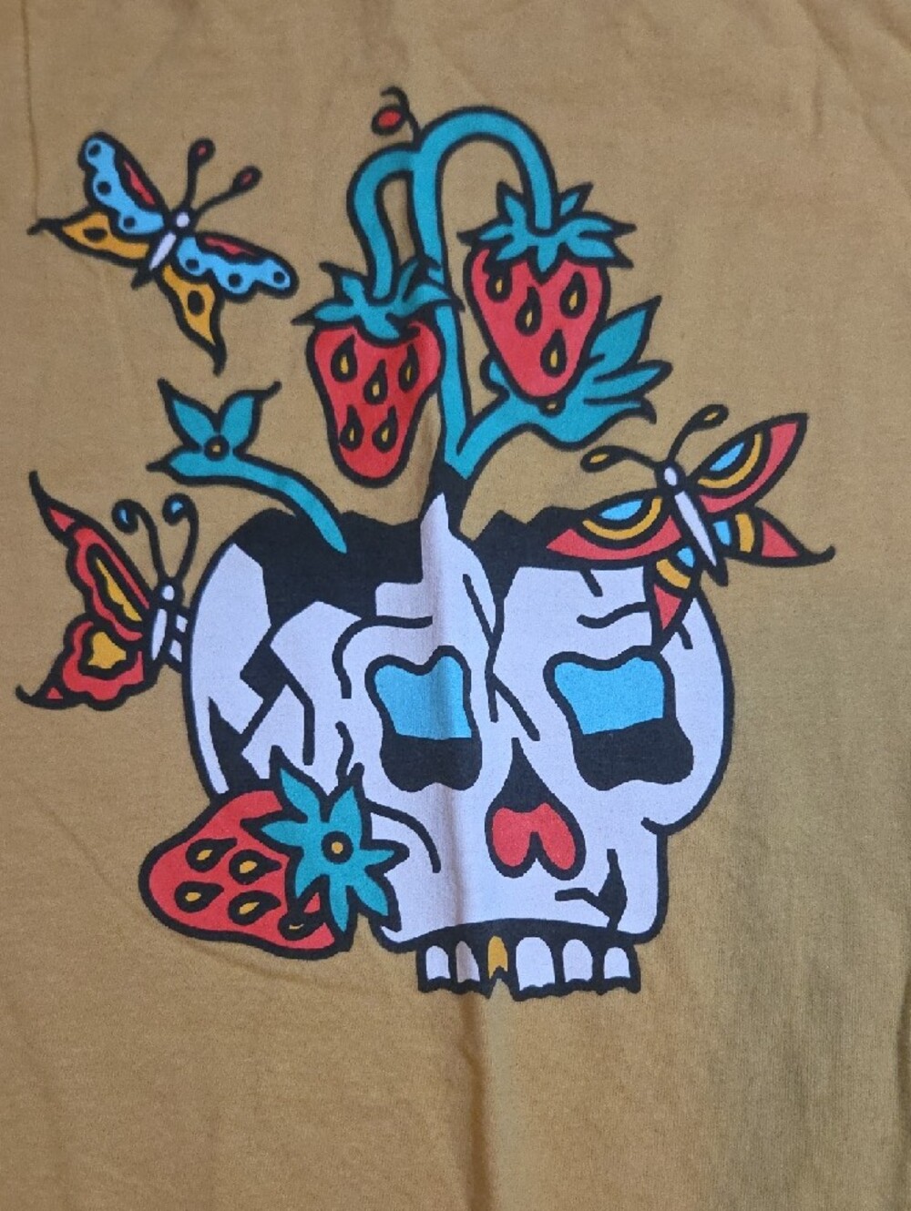 Men's Yellow Graphic Skull Tee with Floral Accents - Picture 2 of 4